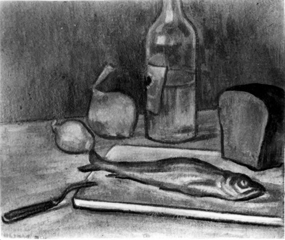 Натюрморт с рыбой. Картон, гуашь. 46х53. 1953.